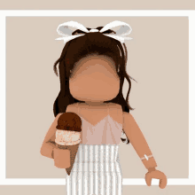 a girl is holding an ice cream cone with a bow in her hair .