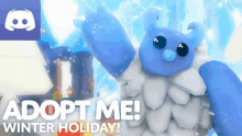 an ad for adopt me winter holiday shows a blue and white animal