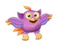 a purple and orange cartoon bird with its wings outstretched on a white background