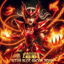 a poster for situs slot gacor shows a woman in red armor