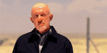 a bald man with a beard and a black jacket stands in the desert