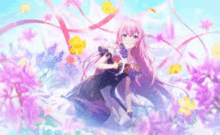 a girl with long pink hair is holding a cat in a field of flowers .