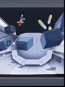 a computer screen shows a room with boxes and capsules flying around