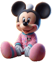 a baby mickey mouse wearing a pink outfit with the letters a.c on it