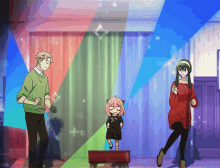 a group of anime characters are dancing in a room with a colorful background