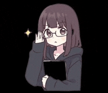 a girl wearing glasses and a hoodie is holding a tablet and adjusting her glasses .