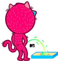 a pink cat urinating on a sandbox with a mtv logo on it