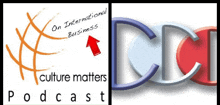 a logo for culture matters podcast with a red arrow pointing up