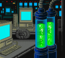 a pixel art drawing of a computer and tubes with green liquid inside