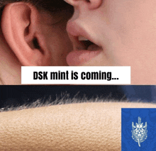 a woman whispering into another person 's ear with the words " dsk mint is coming " above her