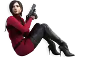 a woman in a red dress is holding a gun