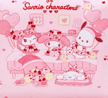 a pink sanrio characters illustration with balloons and cakes