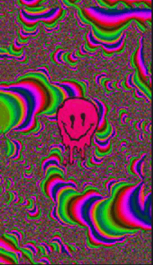 a pink dripping smiley face on a colorful background