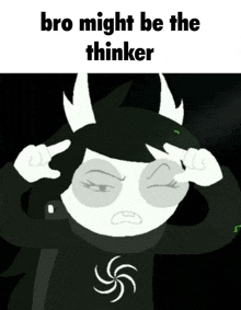 a cartoon character with horns is making a funny face and the caption says bro might be the thinker .