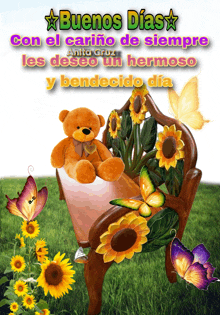 a teddy bear sitting on a bench with sunflowers and butterflies