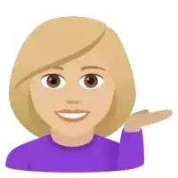 a woman in a purple shirt is smiling and pointing her hand