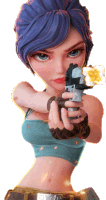 a woman with blue hair is holding a gun with a star on it