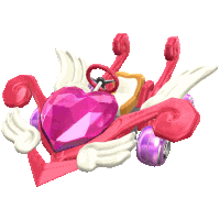 a pink heart shaped toy car with wings and a red steering wheel