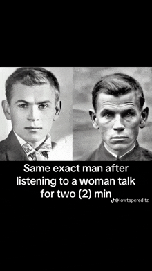 a black and white photo of a man and a woman talking for two minutes