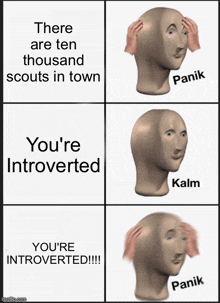 a meme that says there are ten thousand scouts in town you 're introverted and you 're introverted !!!