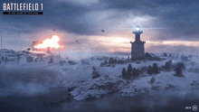 a poster for battlefield 1 shows a lighthouse in the middle of a snowy landscape