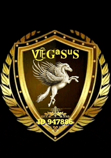 a shield with a pegasus on it and the words viegasus on it