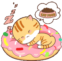 a cat is sleeping on a donut with a bowl of cat food in the background