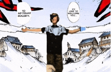 a man is standing in front of a drawing of a city with his arms outstretched in a cartoon .