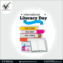 a poster for international literacy day with a stack of books and an open book