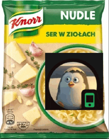 a bag of knorr nudle soup with a picture of a penguin on it .