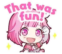 a cartoon of a girl with pink hair and purple eyes saying `` that was fun ! ''