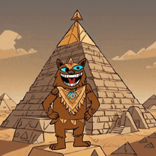 a cartoon cat is standing in front of a large pyramid