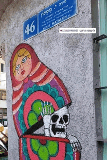 a painting of a matryoshka doll with a skull and a sign that says matalon on it