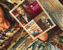 a painting of a man holding a magazine that says ' ncv ' on the front