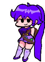 a drawing of a girl with purple hair and a backpack