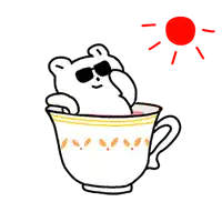 a polar bear wearing sunglasses is sitting in a cup of coffee