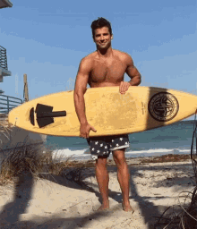 a shirtless man is holding a surfboard on the beach with a logo on it that says ' hawaii '