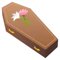 a brown coffin with a pink flower and white flowers on it