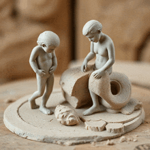 a statue of a boy and a girl standing next to each other on a wooden surface