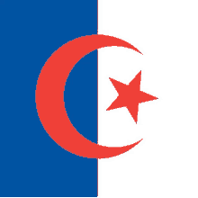 a blue and white flag with a red crescent moon and a red star on it