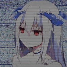 a girl with long white hair and horns is looking at the camera with a glitch effect .