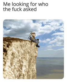 a scarecrow sits on the edge of a cliff overlooking the ocean with the caption " me looking for who the fuck asked "