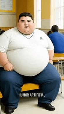 a very fat man is sitting on a bench in a room .