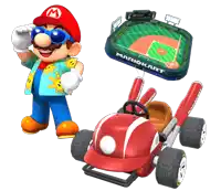 a mario character stands next to a mario kart car