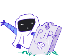 a cartoon of a ghost standing next to a rip gravestone