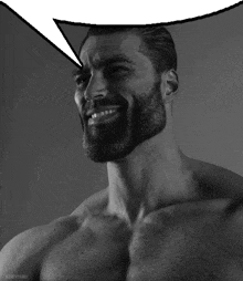 a shirtless man with a beard and a speech bubble above his head