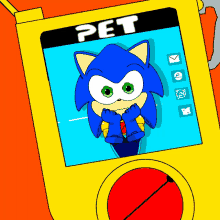 a cartoon drawing of sonic the hedgehog on a yellow pet device