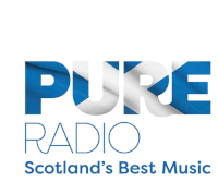 a blue and white logo for pure radio