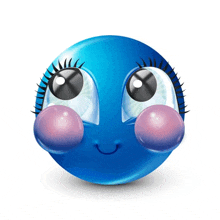 a blue smiley face with big eyes and a pink bubble on its cheeks