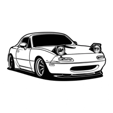 a black and white drawing of a car with a hood up